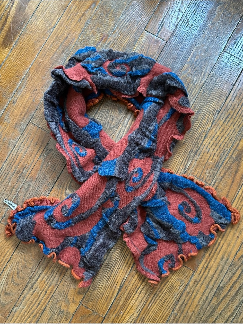 Nina Lolu Felted Wool Ruffle Scarf | Artisan Wearable Art | Rust Blue Brown
